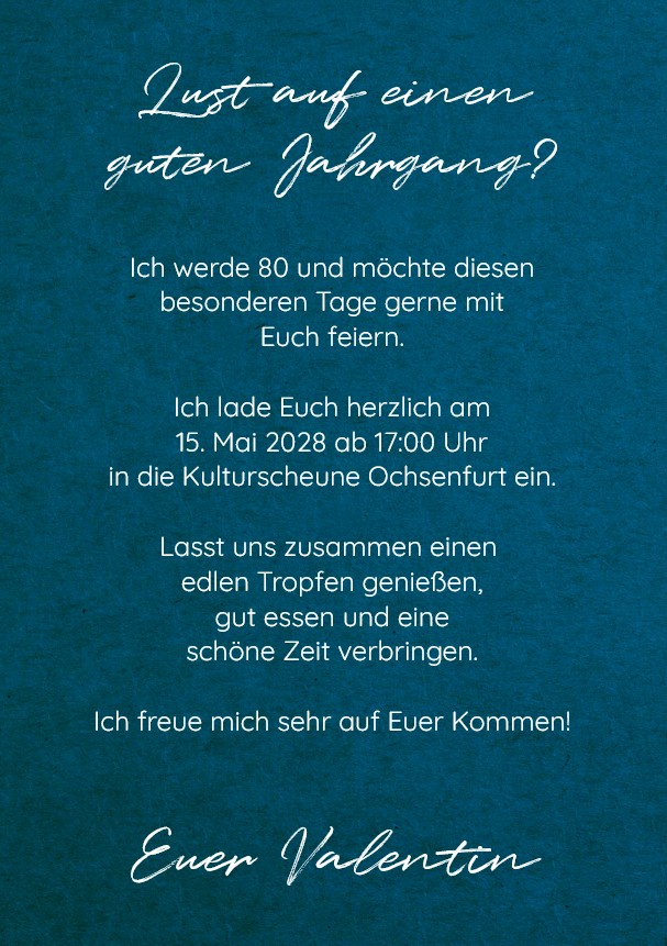 Geburtstagseinladung "Edler Jahrgang" zum 80. Geburtstag in royalblau als beidseitig, individuell bedruckbare Einzelkarte