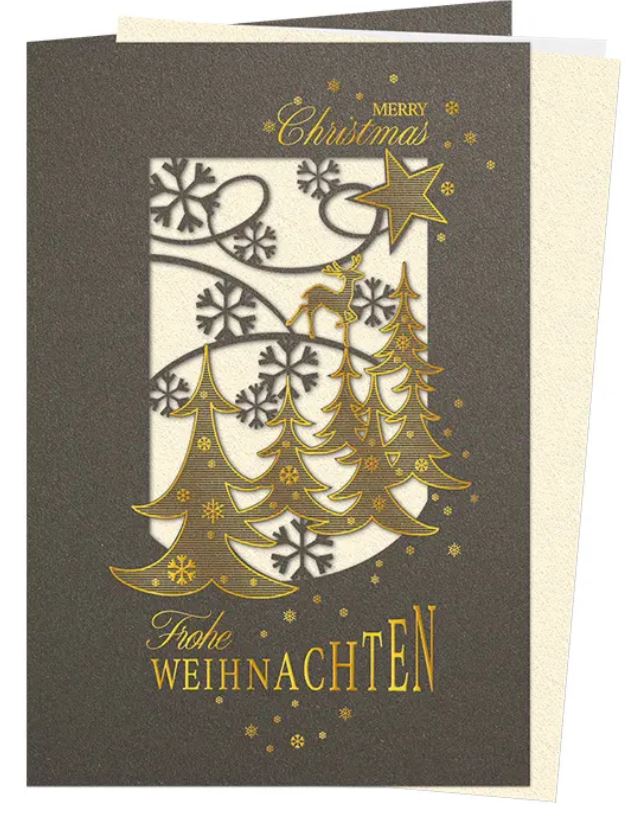 Exklusive Weihnachtskarte in braun "Winterwald" mit filigraner Laserstanzung und Goldfolienprägung, Einleger creme