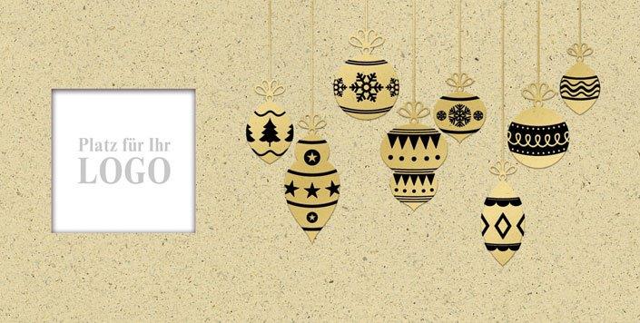 Logo-Weihnachtskarte für Firmen in beigegrau mit Fensterstanzung und goldenen Weihnachtskugeln