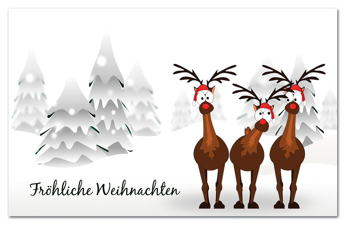 Weihnachtskarte lustige Rentiere mit Spende zugunsten Deutsche Kinderkrebsstiftung | standard - weiß | Ohne Gestaltung bestellen