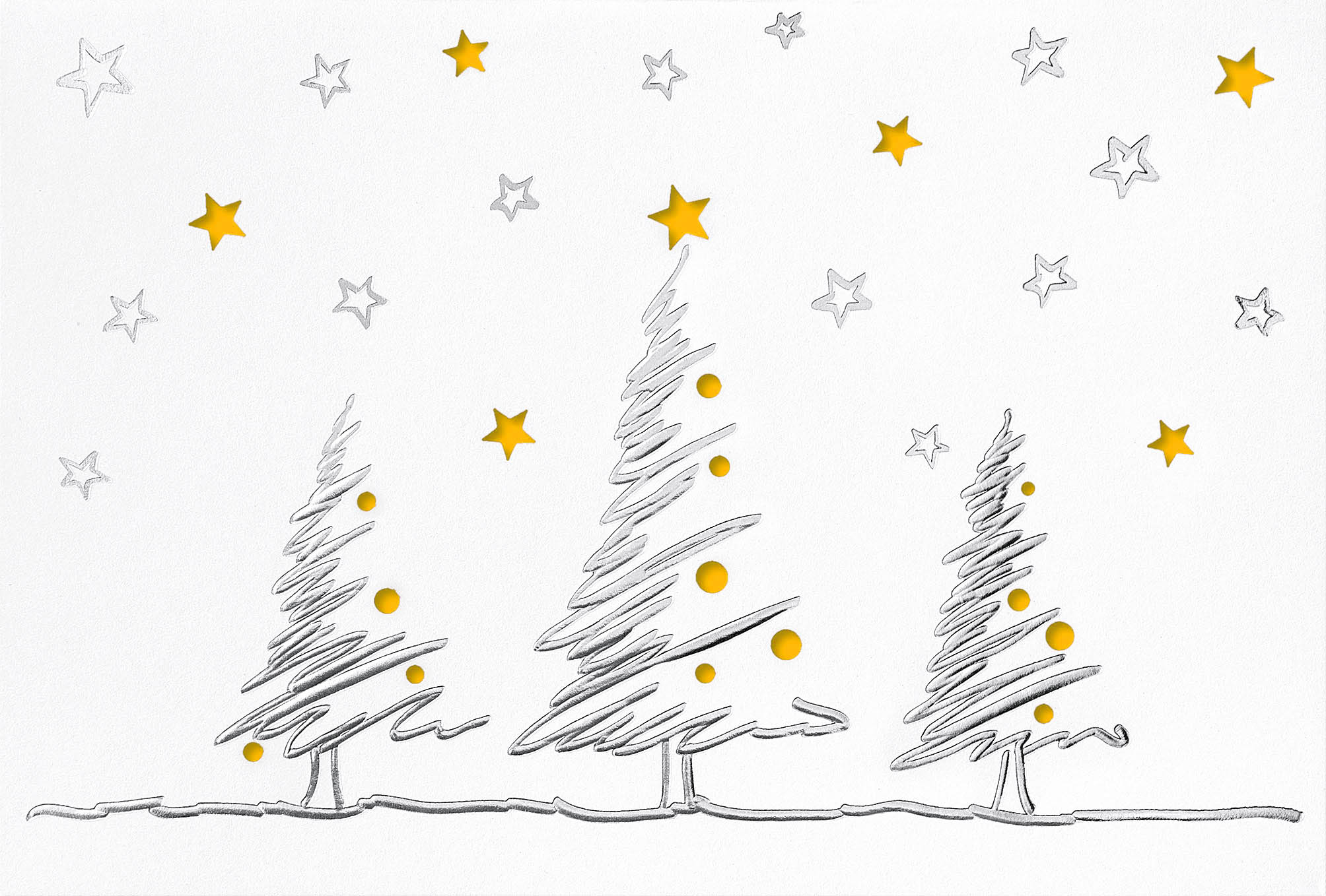 Weihnachtliche Stanzkarte in weiß mit gelbem Falteinleger innen, silbernen Bäumen und Sternen