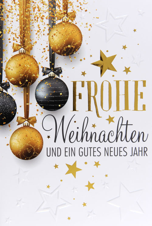 Weihnachtskarte mit Sternen, Kugeln und Schriftzug: Frohe Weihnachten und ein gutes neues Jahr