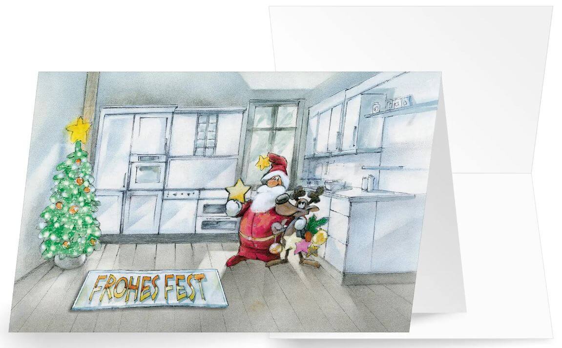 Humorvolle Branchenkarte "Die neue Küche" mit Weihnachtsmann, Rentier und Weihnachtsbaum