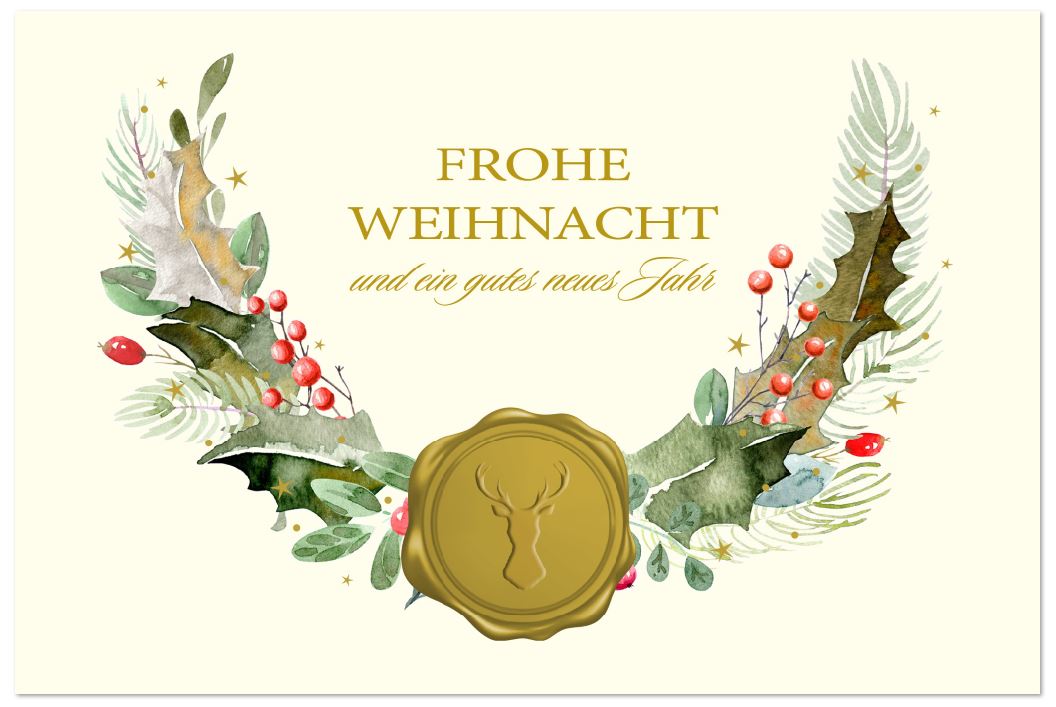 Traditionelle Weihnachtskarte mit goldenem Siegel und floralem Kranz sowie Gruß in Goldprägung