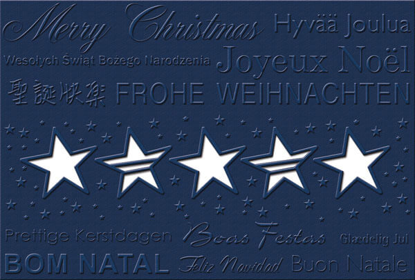 Mehrsprachige Weihnachtskarte in dunkelblau mit Sternstanzung und cremefarbenem Einlegeblatt