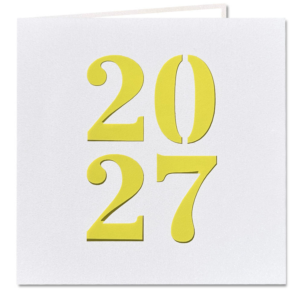 Weiße Metallic-Neujahrskarte mit gestanzter Jahreszahl 2027 und gelbem Einlegeblatt