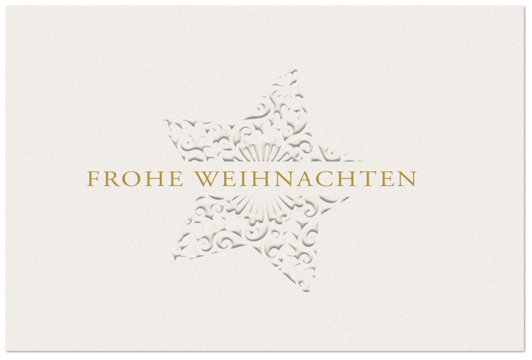 Weiße Weihnachtskarte im eleganten Design mit kunstvollem Ornamentstern in fühlbarer Blindprägung und "Frohe Weihnachten"