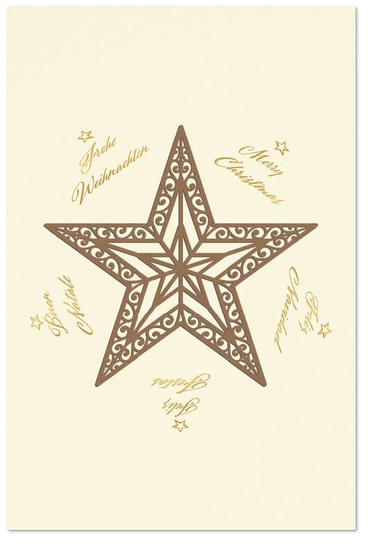 Internationale Weihnachtskarte mit Echtholz-Stern als Applikation und Goldfolienprägung, inkl. Falteinlegeblatt innen