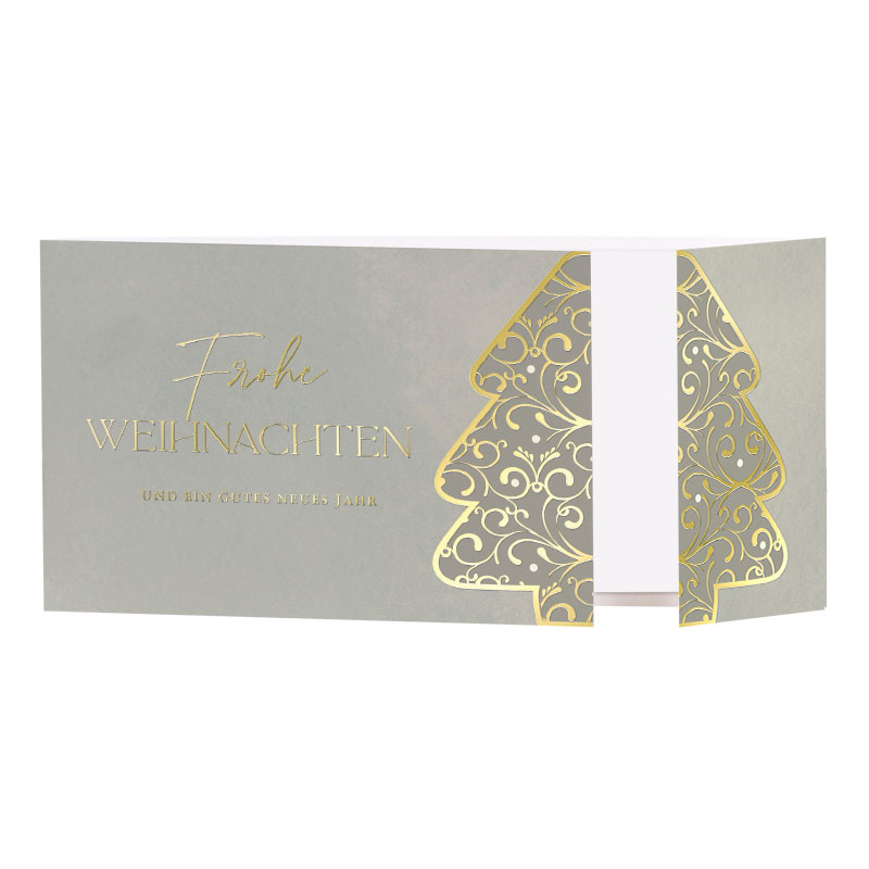 Spenden-Weihnachtskarte in graugrün mit Goldfolienprägung und Altarfalz zugunsten Aktion Deutschland Hilft
