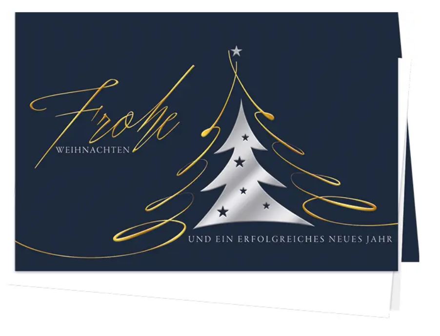 Dunkelblaue Weihnachtskarte "Silberbaum" für Firmen mit Gold- und Silberprägung, Einleger weiß