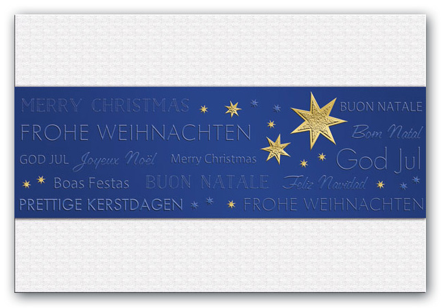 Mehrsprachige Weihnachtskarte in weiß und blau mit goldenem Sternen und Einleger