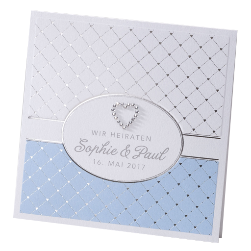 Hochzeitskarte weiß - blau - silber mit Herz aus Strasssteinchen