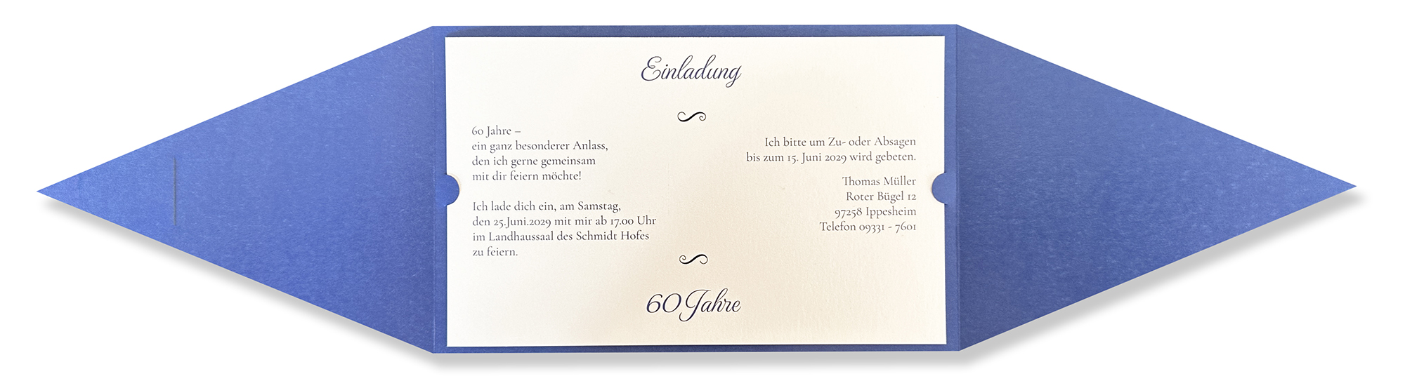Einladungskarte im festlichen Design zum 60. Geburtstag in creme/blau metallic mit Ornamenten