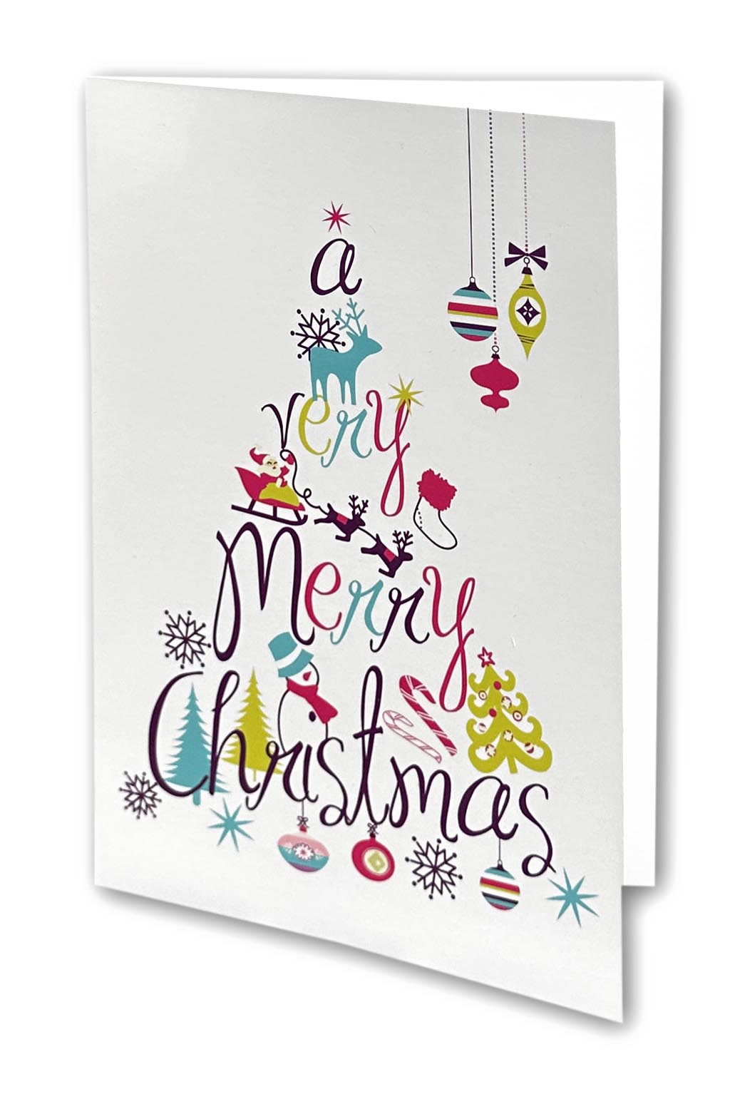 Weihnachtskarte aus hochwertigem 260g/m² Kunstdruckkarton mit Farbdruck. In Form eines Weihnachtsbaumes steht zwischen versch. Motiven der englische Text: a very Merry Christmas