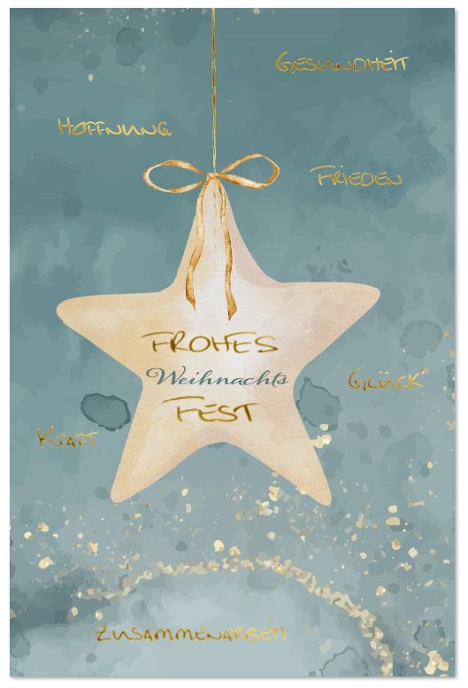 Eisblaue Weihnachtskarte für Firmen mit hängendem Stern, Gruß und positiven Wünschen im harmonischen Aquarell-Stil