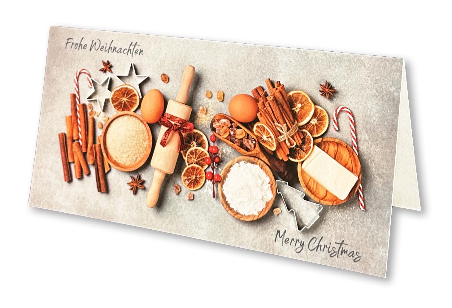 Duft-Weihnachtskarte (Zimtduft) mit Motiv Teigroller, Backzutaten, Zuckerstange und Weihnachtsgruß.