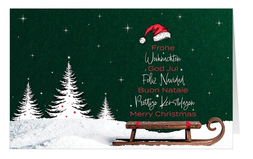 Weihnachtskarte "Verschneite Schlittenfahrt" mit winterlichem Charme und internationalen Grüßen