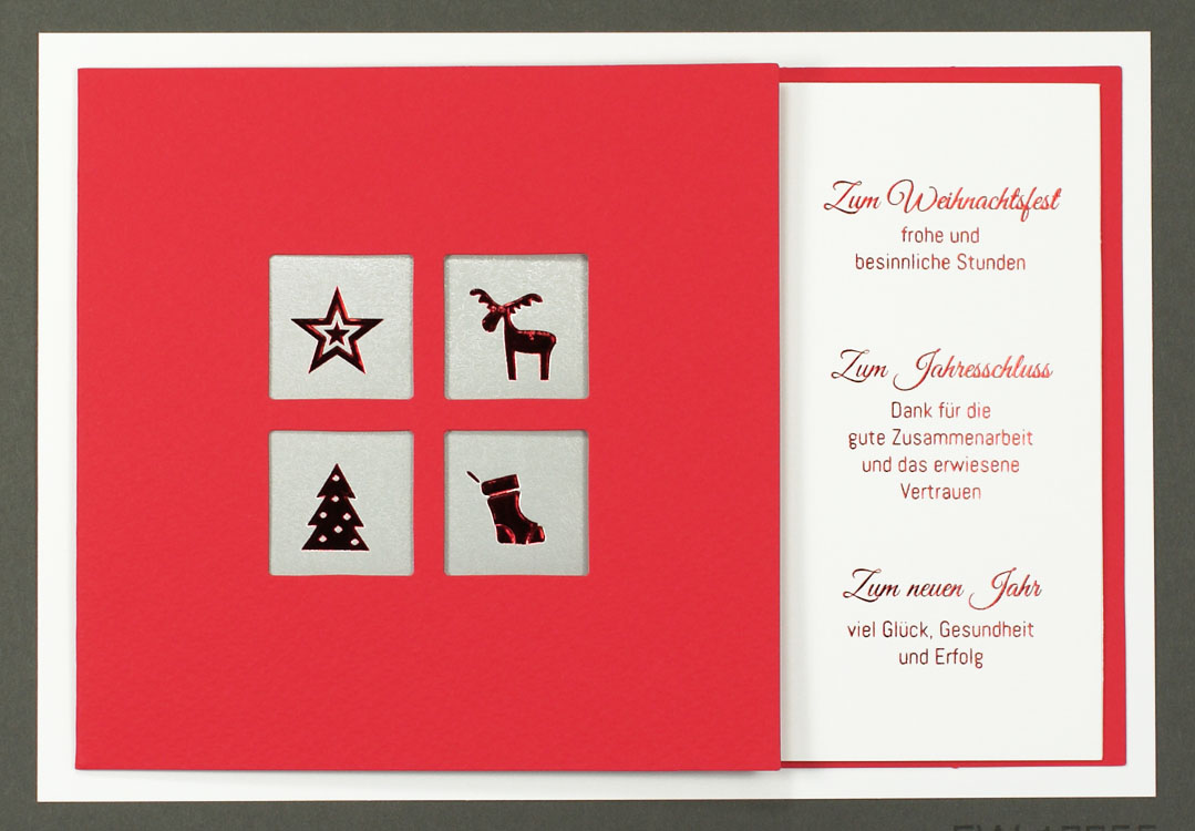 Weihnachtskarte rot mit Dank für Zusammenarbeit und Vertrauen
