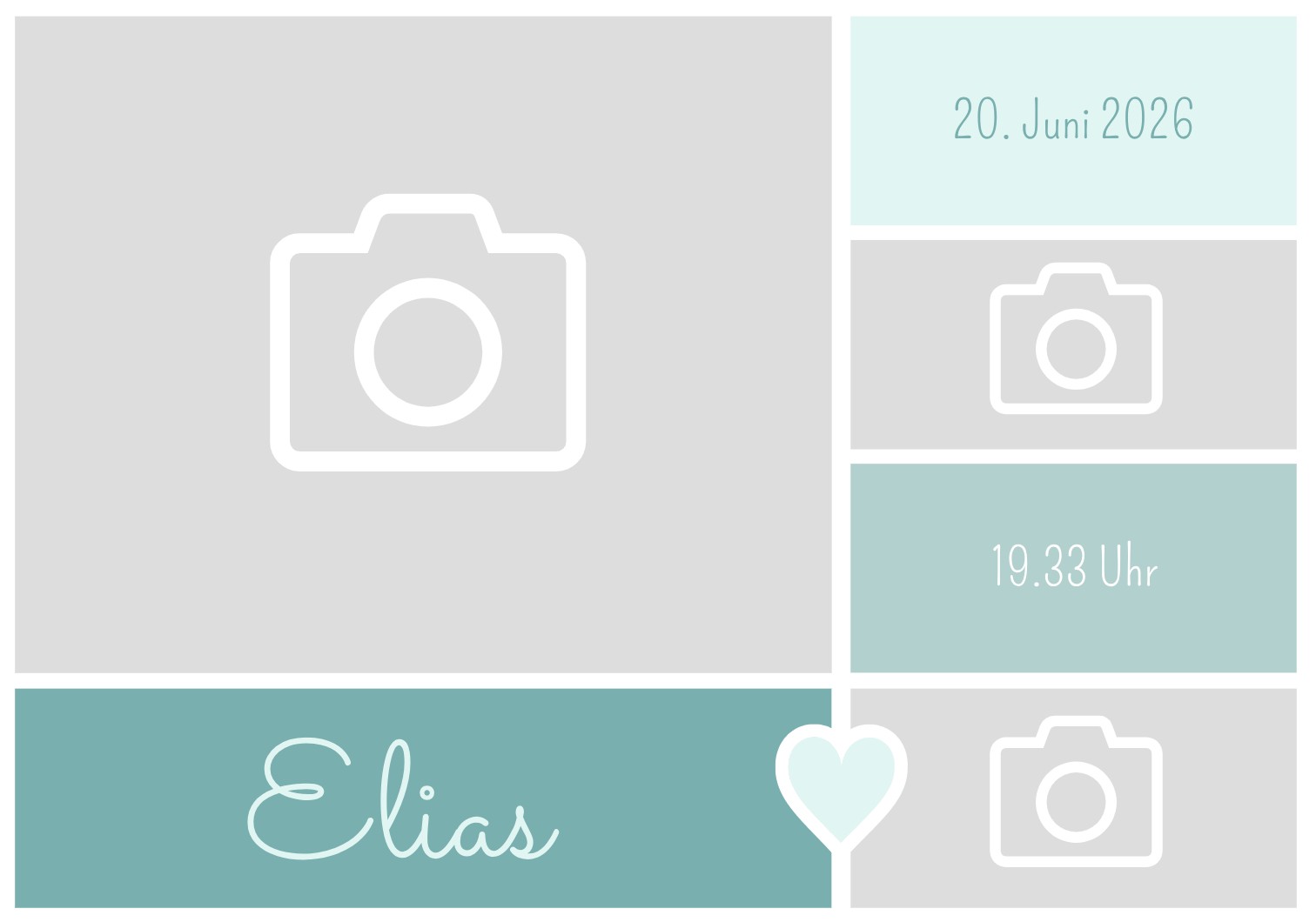 eukalyptus, pastell-türkis Personalisierbare Geburtskarte im modernen Steckbrief-Layout mit eigenen Fotos individuell zu gestalten