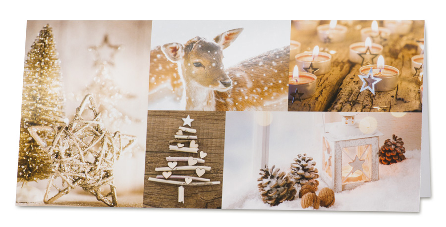 Weihnachtskarte mit verschiedenen Fotomotiven in bräunlichen Farbtönen