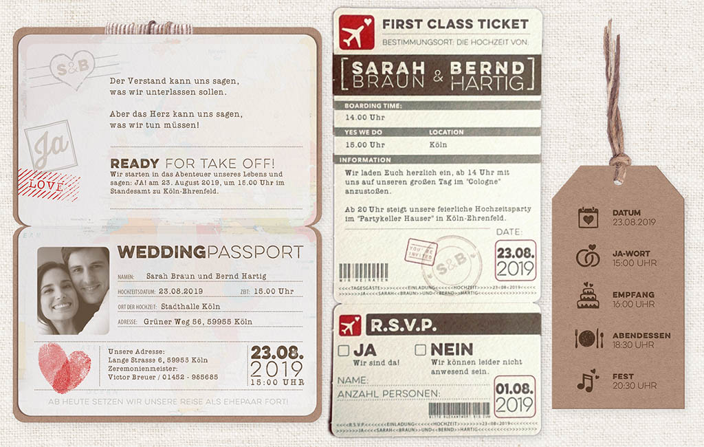 wedding-passport-bordkarte-kofferanhaenger-druckmuster-ba727038 Wedding Passport Hochzeitskarte aus braunem Kraftkarton mit Bordingkarte und Kofferanhänger Druckmuster