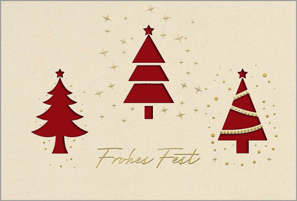 Formgestanzte Weihnachtskarte mit drei Tannen, goldenen Sternen und Gruß sowie dunkelrotem Einleger
