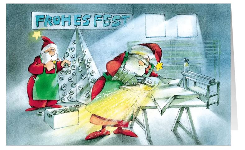 Witzige Branchenweihnachtskarte "Festliches Handwerk" für Metallbau und Handwerksbetriebe mit Gruß FROHES FEST