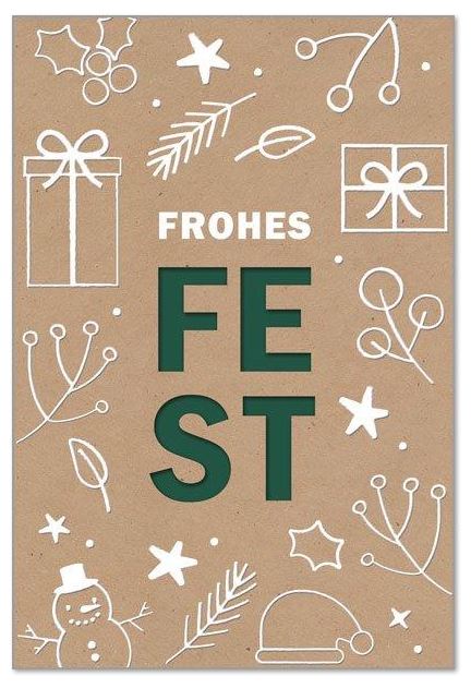 Gestanzter Festgruß mit weiß geprägten Winter-Doodles und Spende zugunsten dem Deutschen Kinderhilfswerk e.V., Einleger dunkelgrün