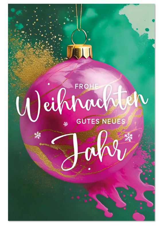 Moderne Weihnachtskarte mit pinkfarbener Weihnachtskugel auf grün und Weihnachtsgruß
