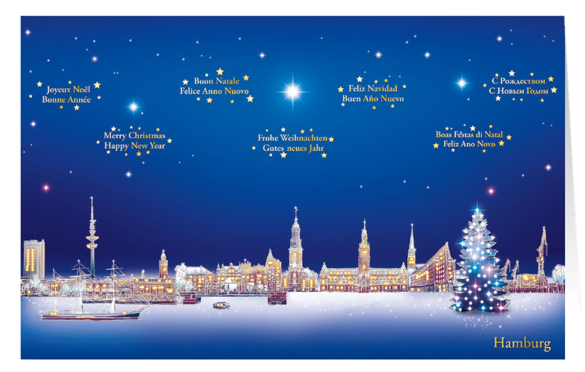Weihnachtskarte mit internationalen Grüßen aus Hamburg Städtekarte