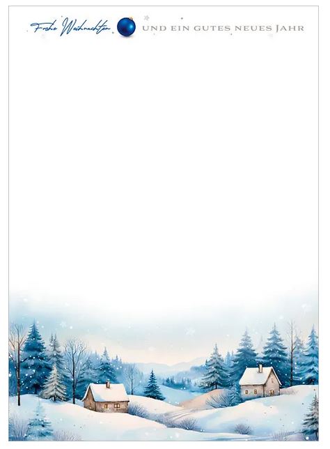 Stimmungsvolles Winter-Briefpapier mit blauen Tannen, verschneiten Häuschen und Weihnachstgruß