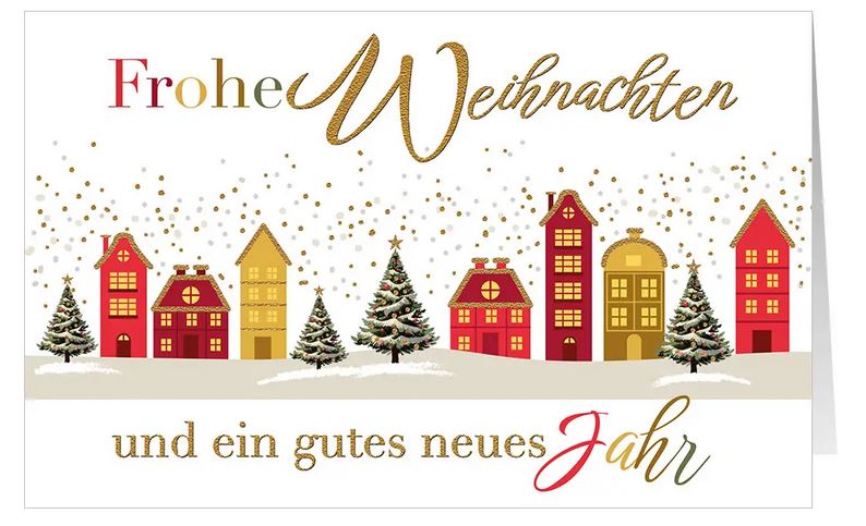 Bezaubernde Weihnachtskarte "Weihnachtsdorf" mit bunter Häuserzeile, Tannen und Weihnachtsgrüßen