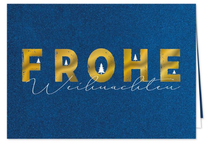 Dunkelblaue Weihnachtskarte mit Gold- und Weißprägung von Tannen und Schriftzug "Frohe Weihnachten"