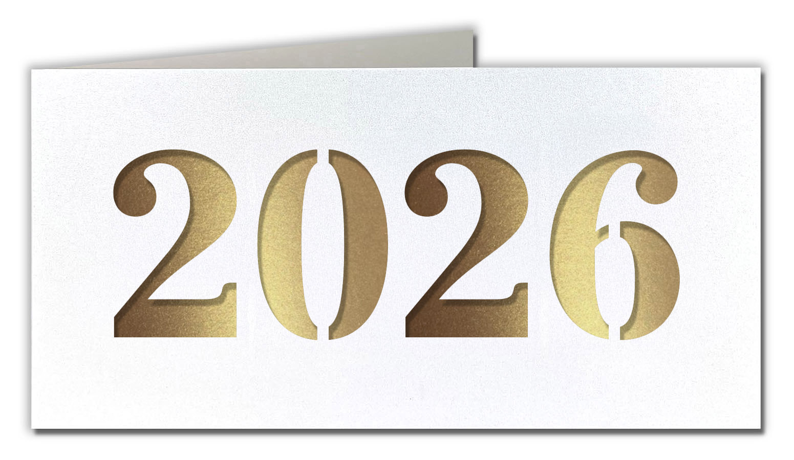 Metallic-Neujahrskarte weiß mit Laserstanzung 2026 und goldenem Einlegeblatt