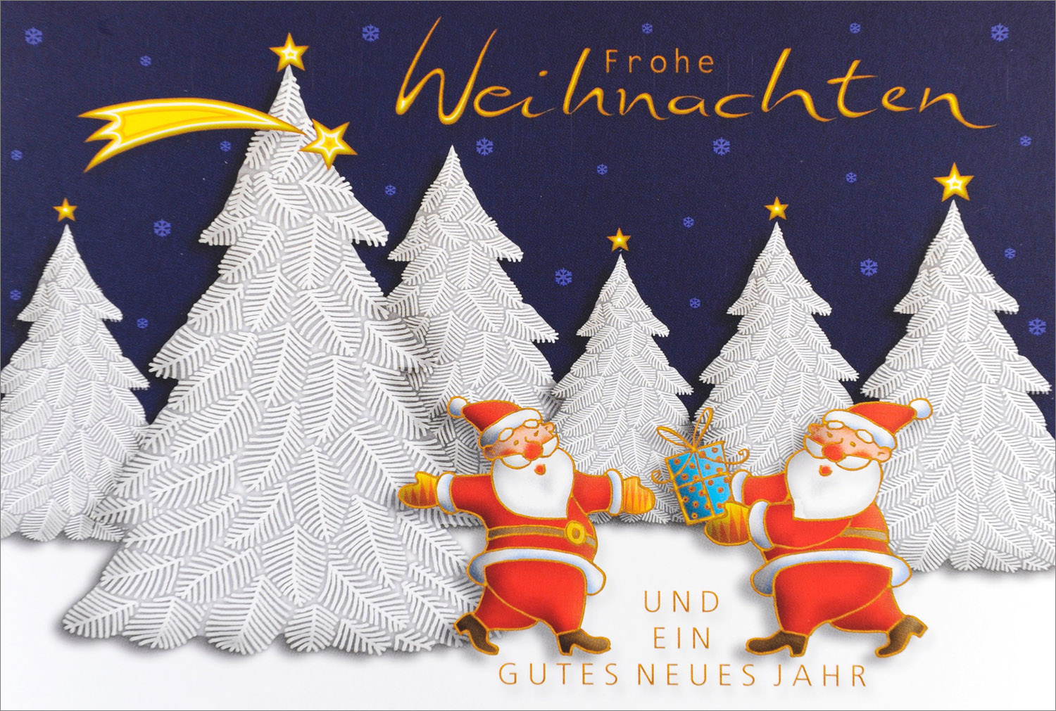 Humorvolle Weihnachtskarte im Comic-Design mit zwei originellen Weihnachtsmännern vor weißen Tannen