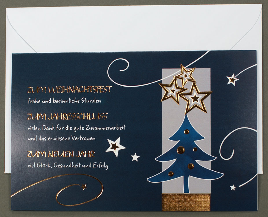 Weihnachtskarte dunkelblau gold mit geschäftlichem Text