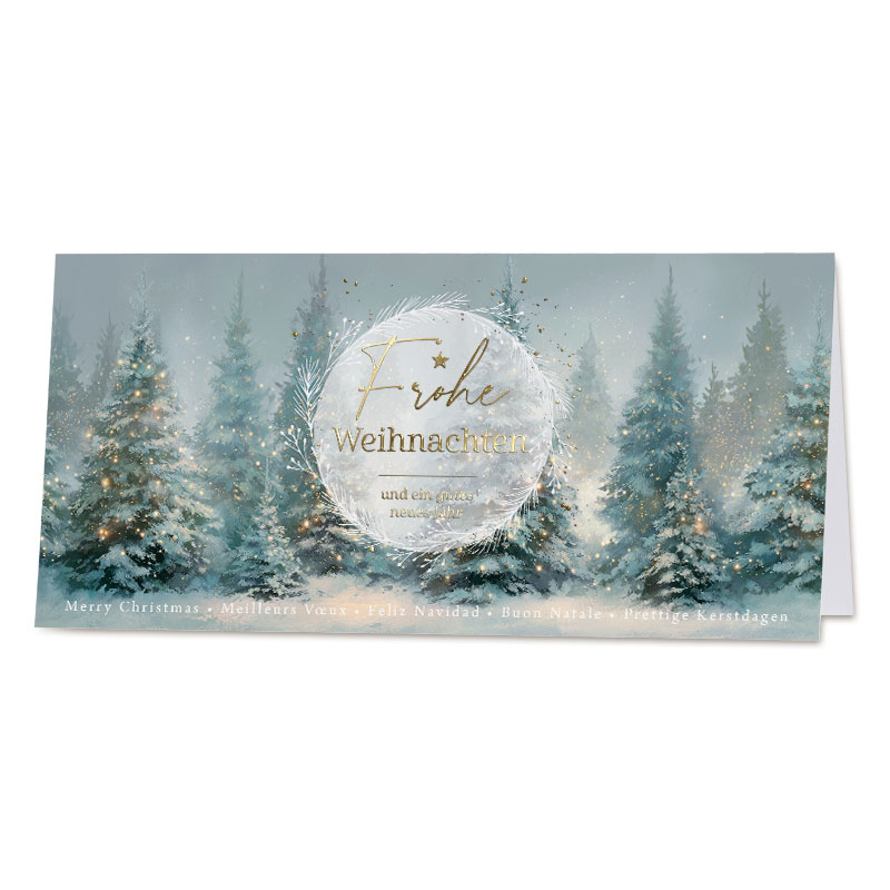 Internationale Weihnachtskarte "Stille Winterpoesie" mit verschneiten Tannen im Schnee und Goldfolienprägung, DIN lang