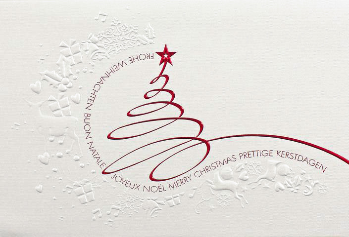 Weihnachtskarte perlmutt mit Reliefprägung und rotem Baum