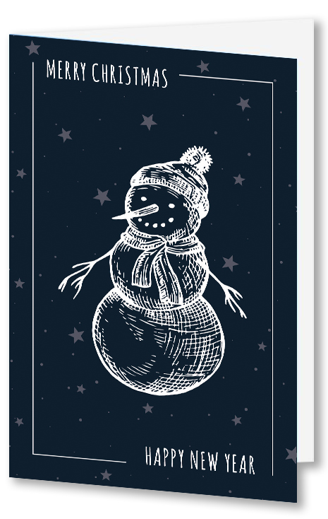 Heitere Weihnachtskarte in nachtblau "Winterfreuden" mit Schneemann und Sternenhintergrund sowie englischsprachigem Gruß