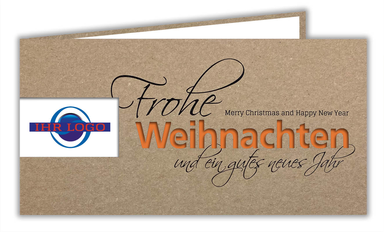 Naturbraune Weihnachtskarte aus Kraftkarton mit Firmen-Logo Stanzung und Schriftzug "Weihnachten" in orange