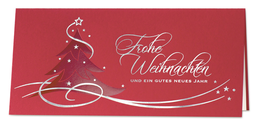 Weihnachtskarte rot mit Weihnachtsbaum Frohe Weihnachten und ein gutes neues Jahr