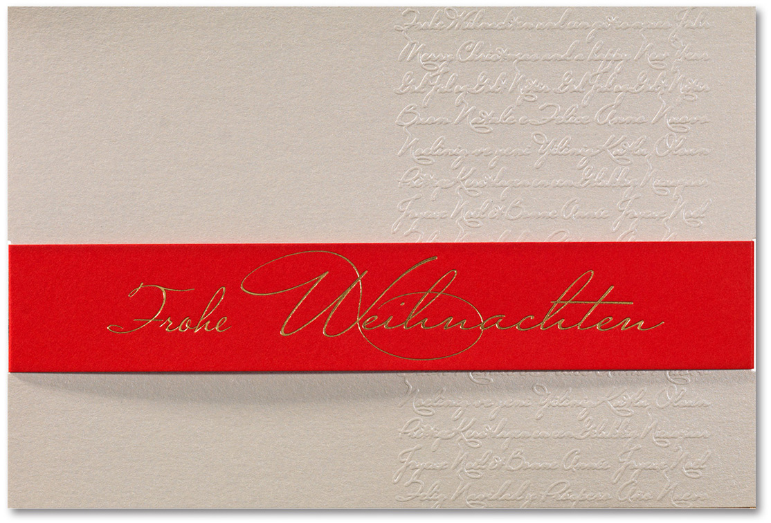 Weihnachtskarte creme metallic mit roter Banderole international