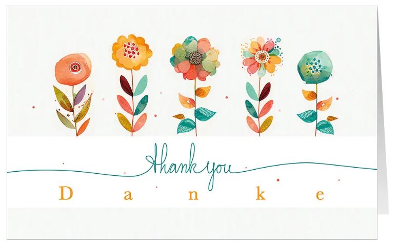 Farbenfrohe Danksagungskarte mit bunten Blumen und den Worten "Thank you - Danke"