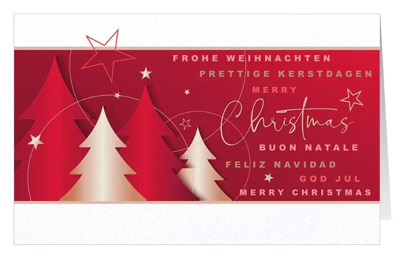 Weihnachtskarte "Weltweite Grüße" in rot und weiß mit Tannenbäumen und kleinen Sternen sowie internationalen Grüßen