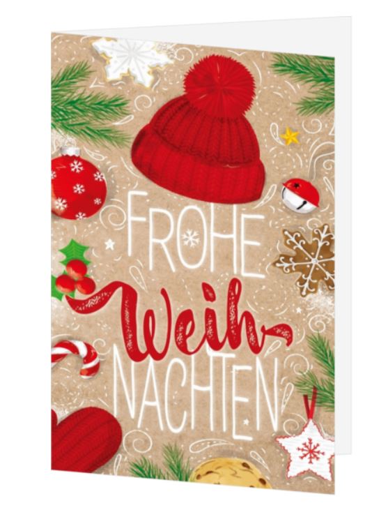 Traditionelle Weihnachts-Spendenkarte im Retro-Stil mit "Frohe Weihnachten" und Gutem Zweck: Kinderherzen e.V.