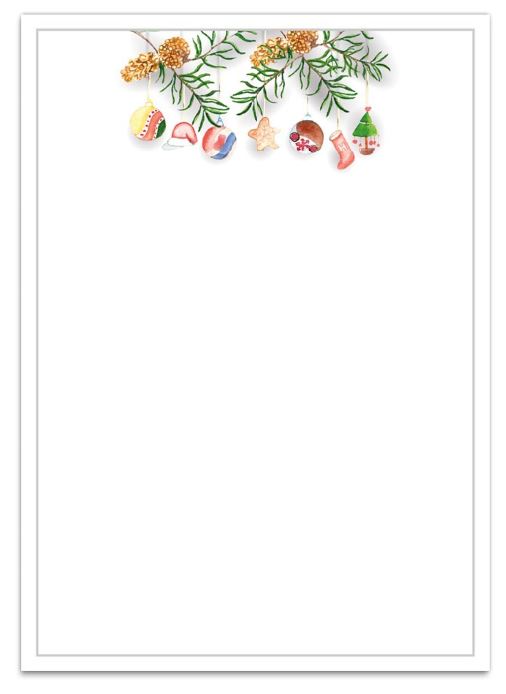 Weihnachtsbriefblatt mit Zweigen und weihnachtlicher Deko, ohne Gruß, DIN A4 zugunsten Kinder-Krebs-Stiftung