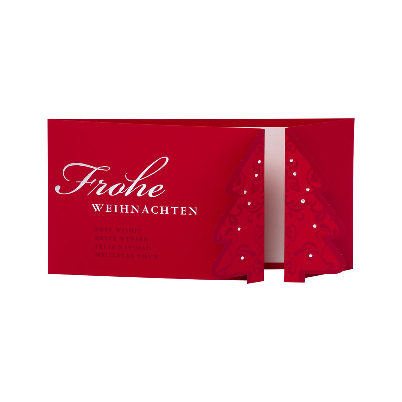 Weihnachtskarte rot mit zweiteiligem Weihnachtsbaum Silberfolie