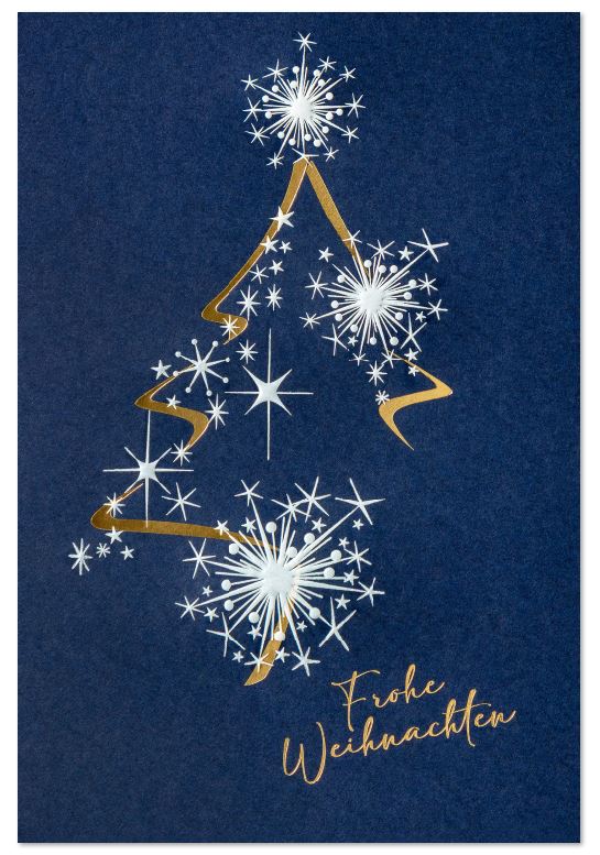 Festliche Weihnachtskarte in Blau mit Sternenfeuerwerk und Baumsilhouette in Gold- und Weißfolienprägung
