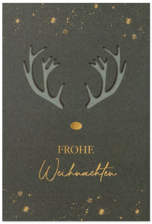 Edle Weihnachtskarte in Dunkelgrün mit Hirsch-Silhouette und "Frohe Weihnachten" in Goldprägung