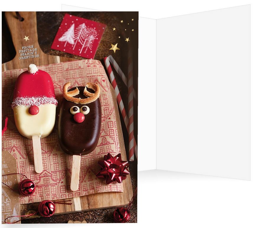 Lustige deutsch-englischsprachige Weihnachtskarte mit weihnachtlich verziertem Stileis